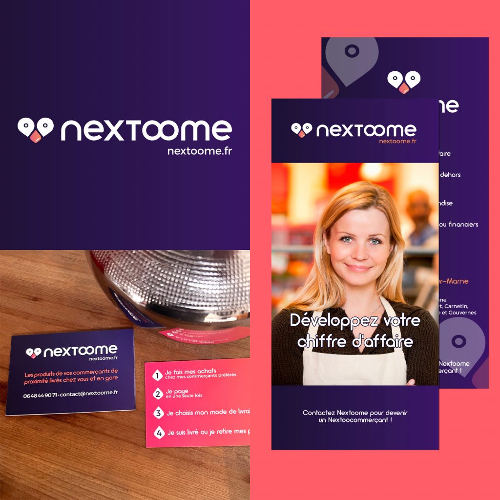 logo Nextoome, flyer avec femme qui porte un tablier, carte de visite