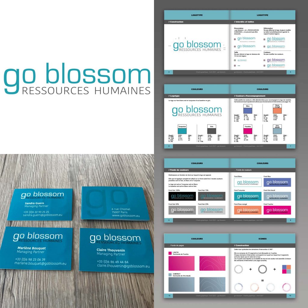 Go Blossom : logo, charte graphique, identité visuelle, cartes de visite