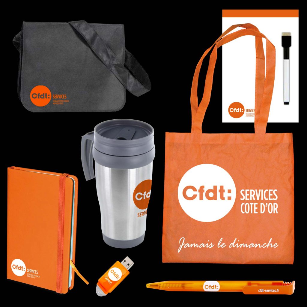 CFDT Services : goodies, objets publicitaires , sac, besace, bloc-note, mug, clé usb, stylo, bloc papier