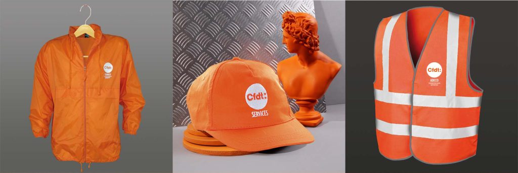 CFDT Services : textile, coupe vent, casquette, chasuble, orange, marquage logo