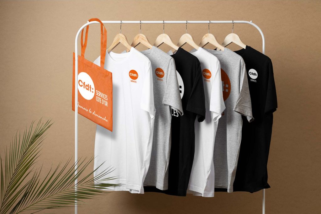 CFDT Services : portant, textile, tee-shirt, blanc, gris et noir, sac orange, marquage logo