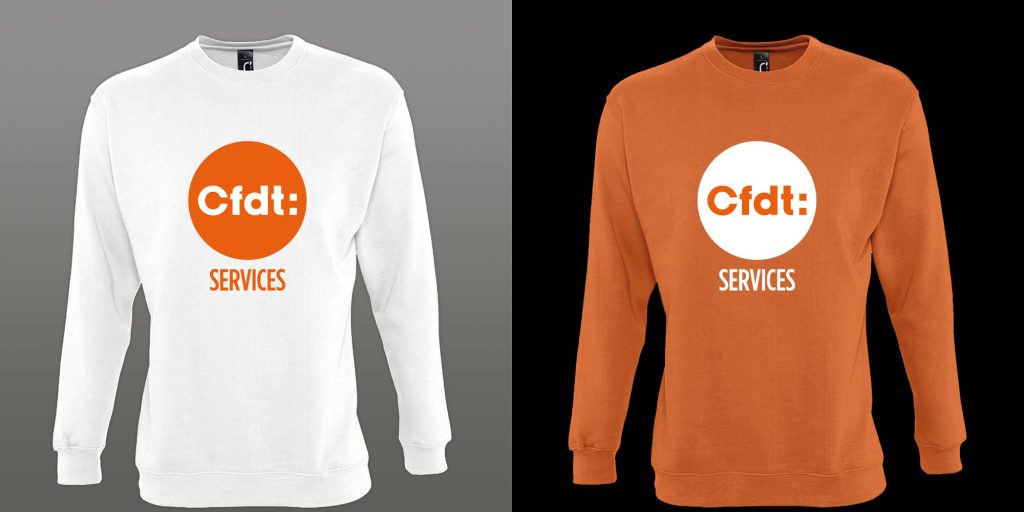 CFDT Services : textile, sweat-shirt manches longues, blanc et orange, marquage logo