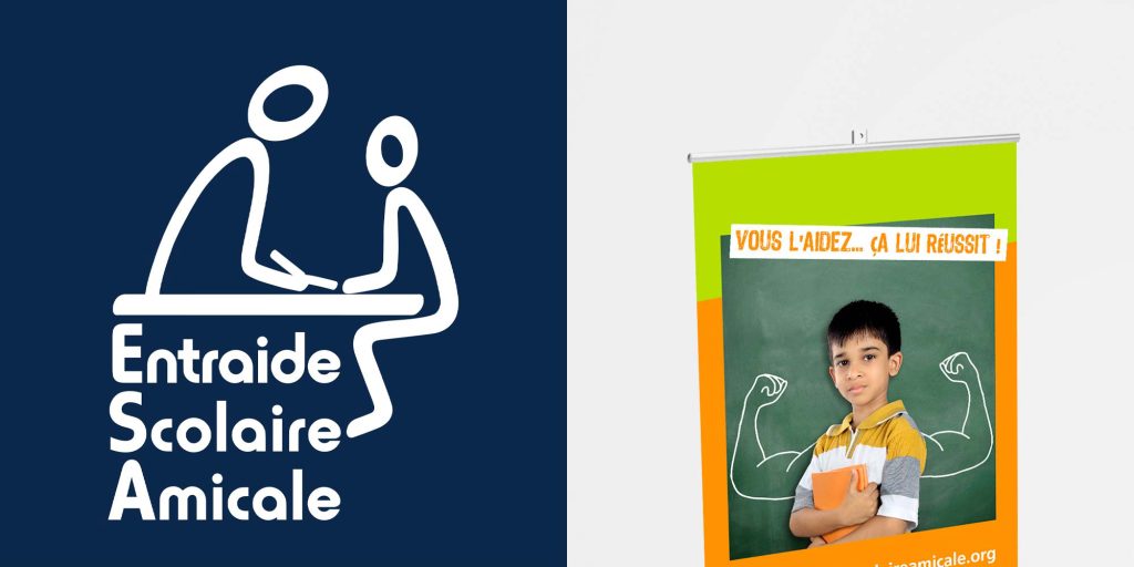ESA Entraide Scolaire Amicale : logo, kakémono, enfant tenant un cahier devant un tableau avec des bras dessinés à la craie